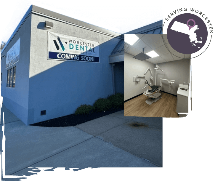 Collage featuring treatment room and exterior of Worcester Dental Arts